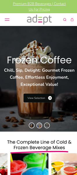 Screenshot of a website called Adept Food and Beverages, a client of ShopiCraft agency that builds Shopify stores.